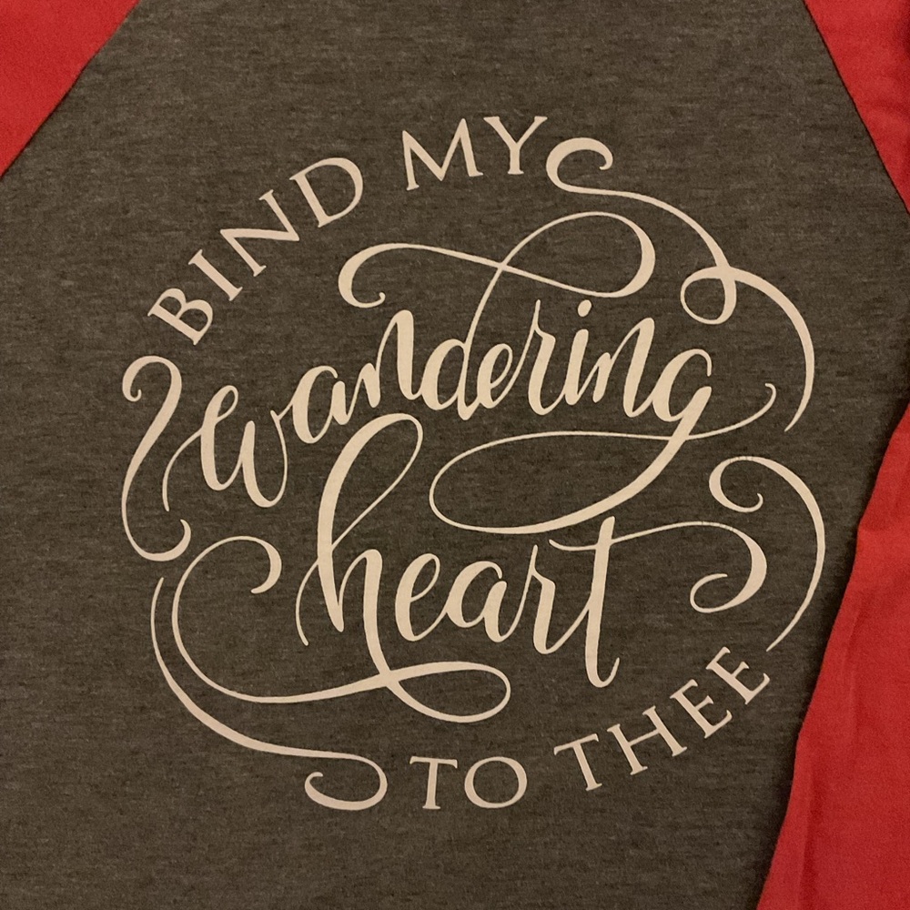 Bella + Canvas "Bind My Wandering Heart to Thee" Raglan Shirt Charcoal/Red Large